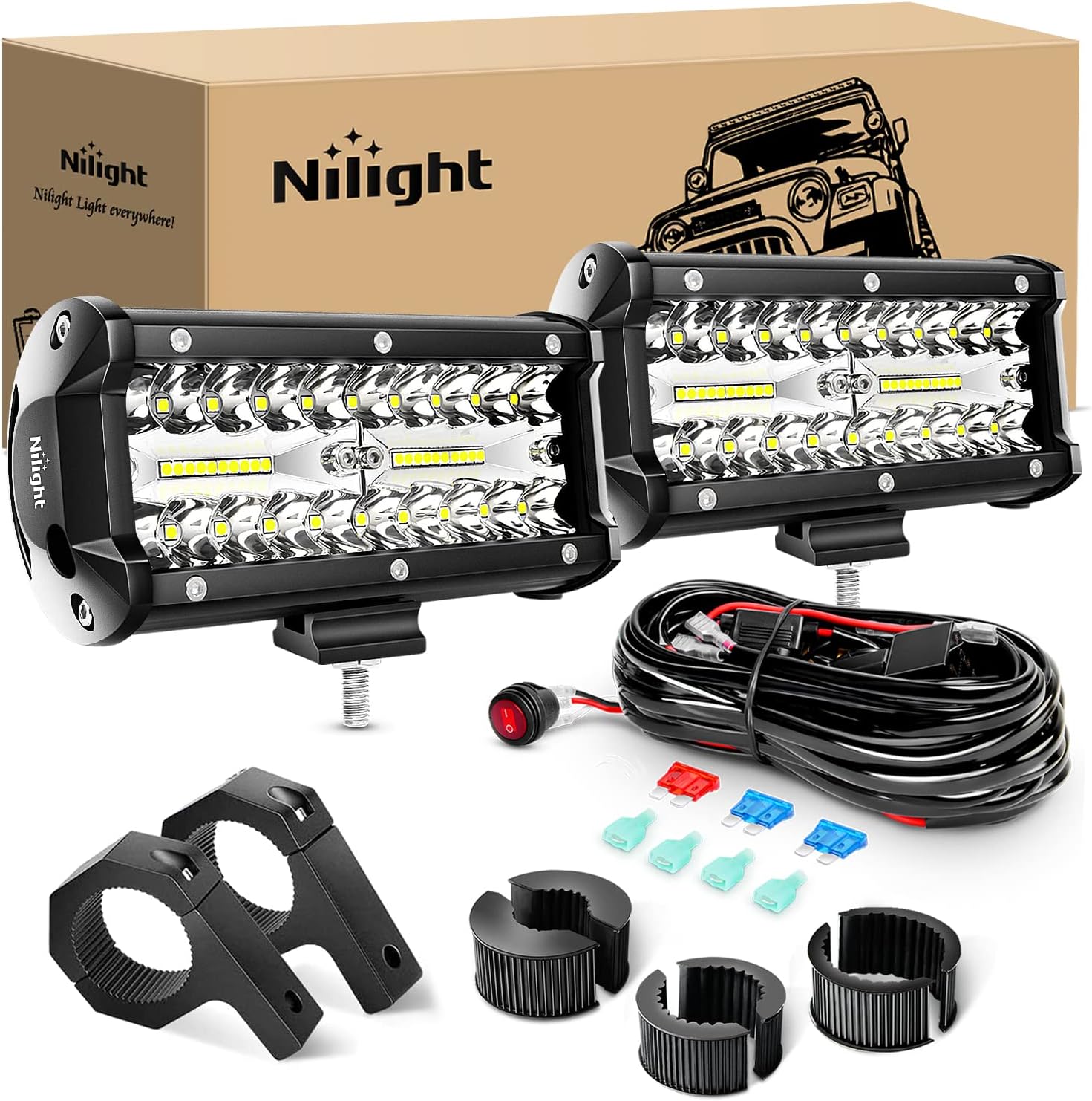 Nilight 6.5Inch 120W Spot Flood Combo Bar Driving Light Kit