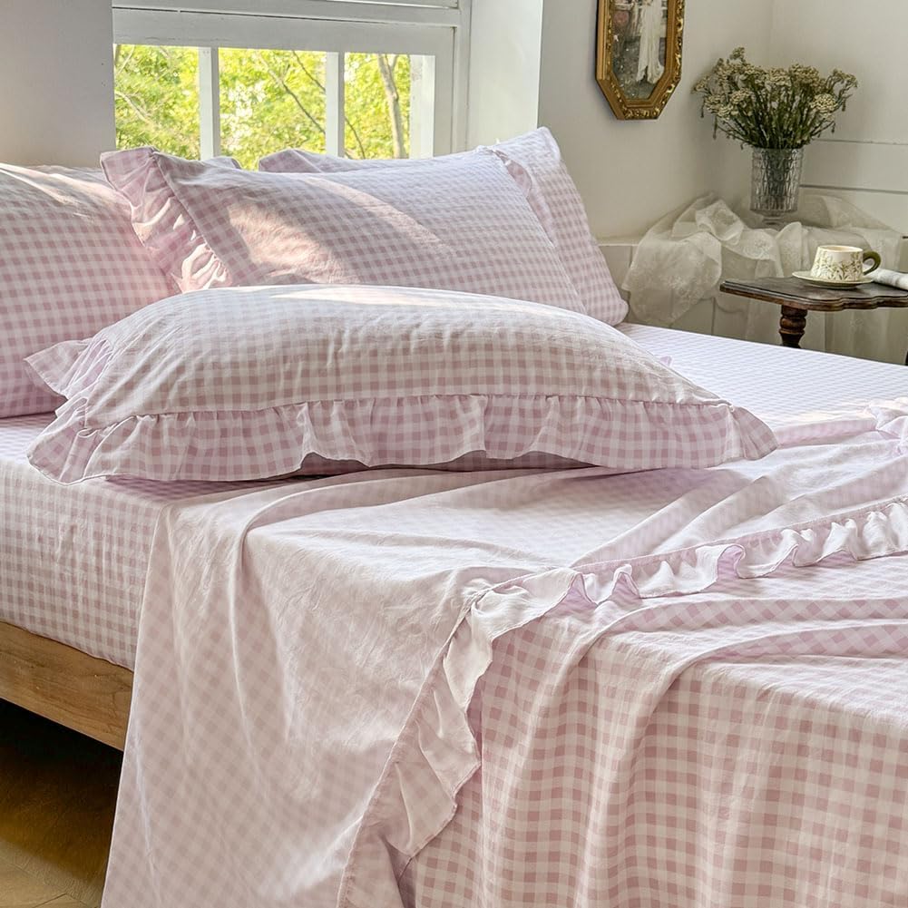 Pink Gingham Ruffle Queen Sheet Set for Cozy Farmhouse Style