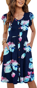 Women Summer Midi Dress Sleeveless V Neck with Pockets - Flowy Swing