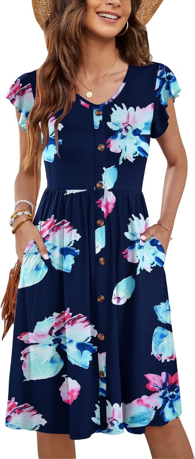 WNEEDU Women Summer Dresses Casual Loose Swing Midi Dress