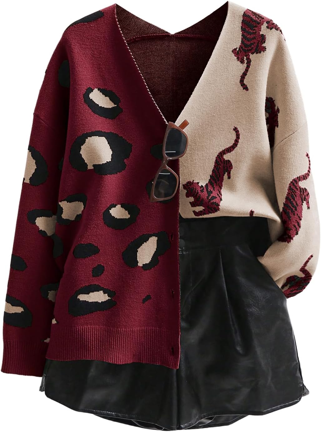 Leopard Tiger Print Cardigan V Neck Long Sleeve Sweater Outwear