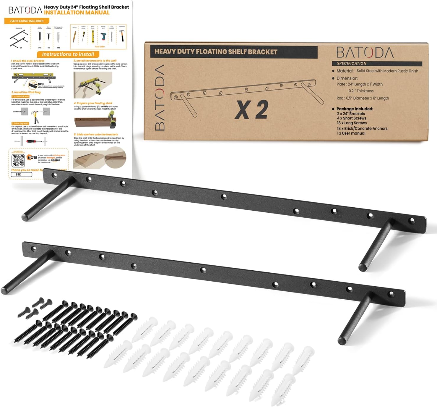 BATODA 24in Heavy Duty Floating Shelf Bracket for Shelving