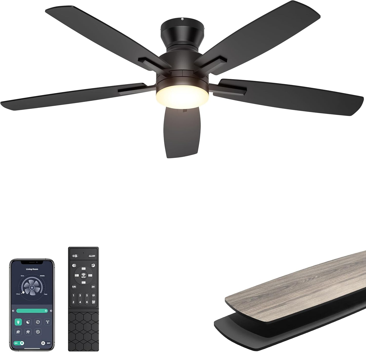 Ohniyou 52ft' Low Profile Ceiling Fan with Lights and Remote Control