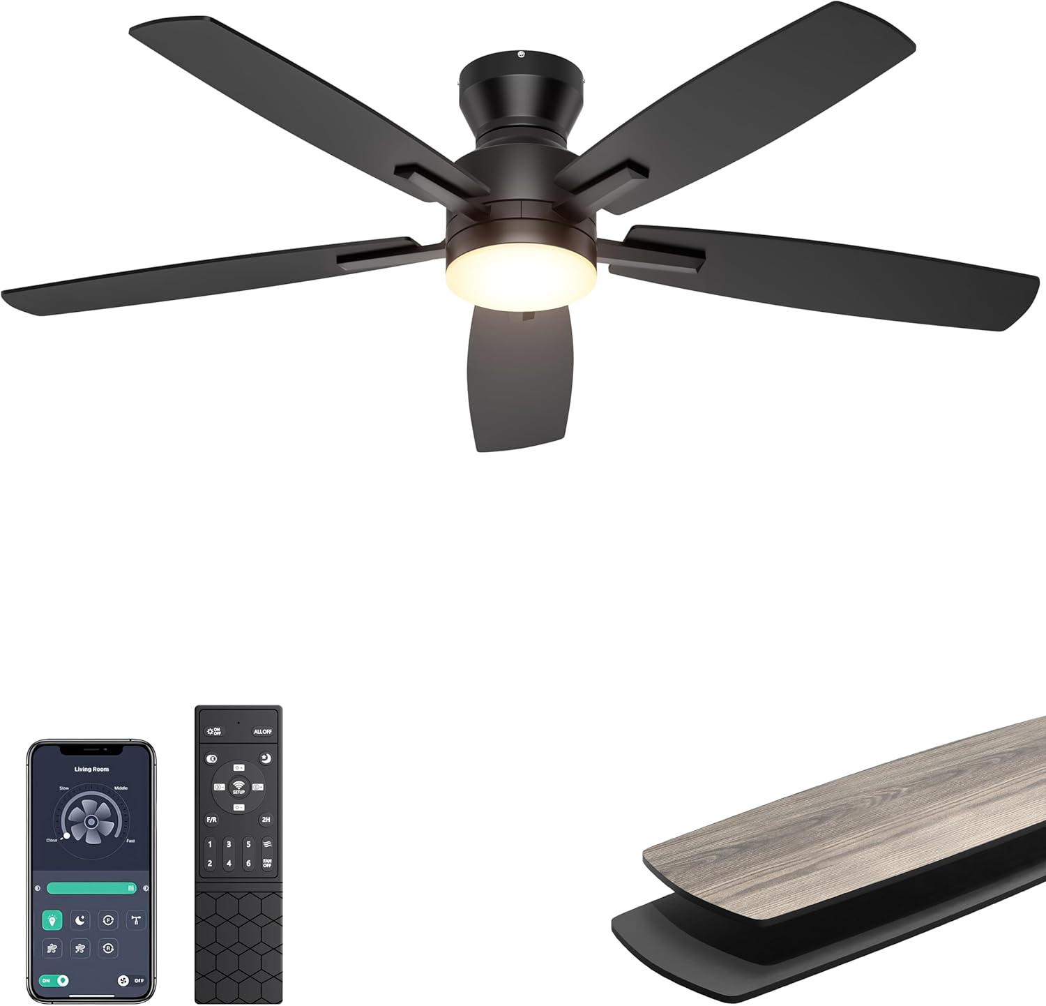 Ohniyou 52ft' Low Profile Ceiling Fan with Lights and Remote Control