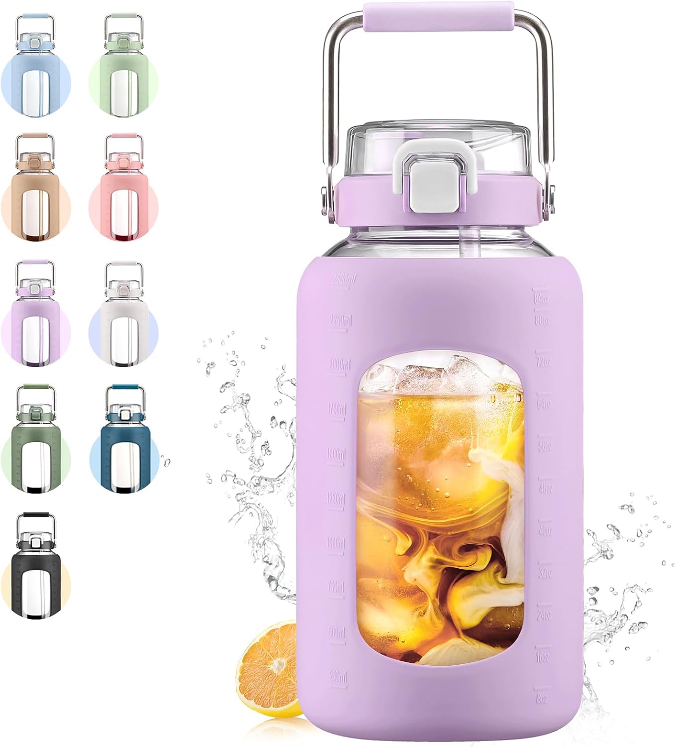 84oz Glass Water Bottle with Stainless Steel Handle for Gym