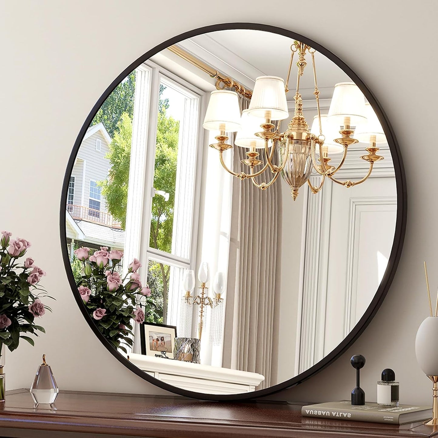 24 Inch Round Mirror - Modern Matte Black Decorative Wall Mirror