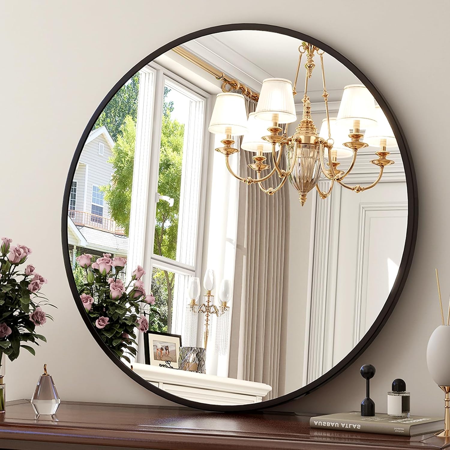 24 Inch Round Mirror - Modern Matte Black Decorative Wall Mirror