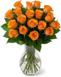 18 Orange Roses Bouquet - Fresh Cut Roses in Hand-Blown Glass Vase