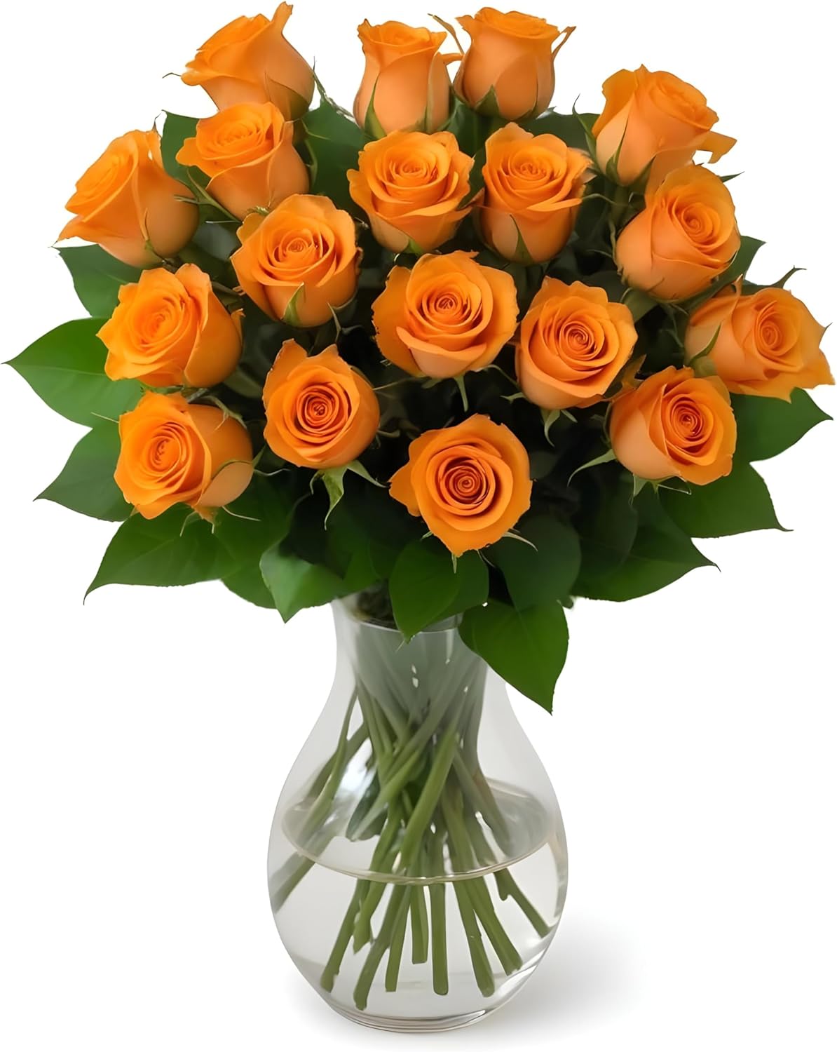 18 Orange Roses in Hand Blown Glass Vase for Any Occasion