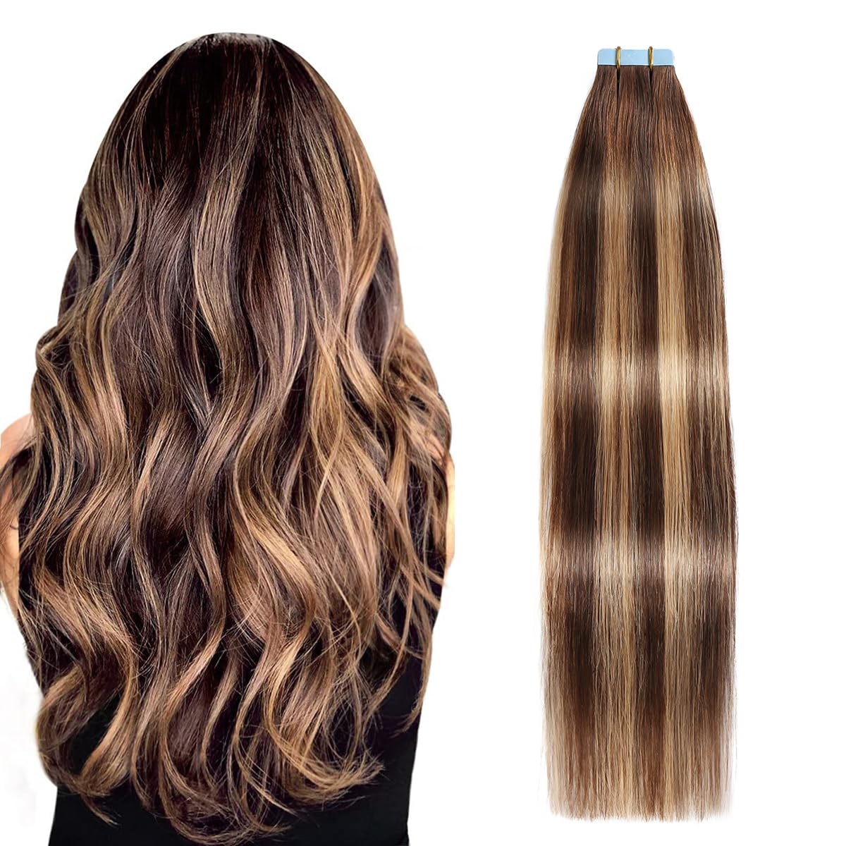 Tape in Hair Extensions Human Hair Ombre Chocolate Brown to Caramel
