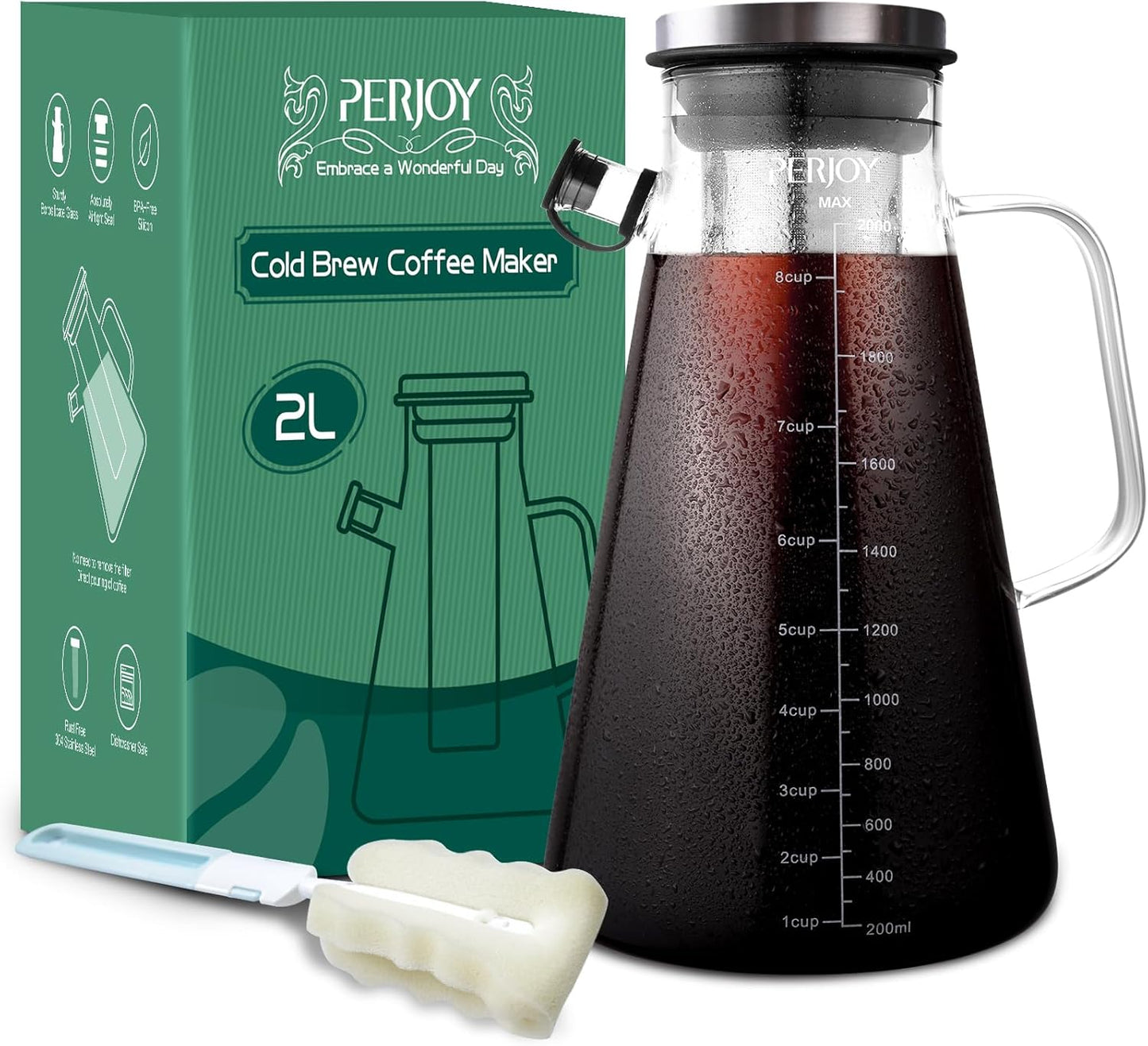Perjoy Cold Brew Maker: 64oz Stainless Filter, Airtight Pitcher