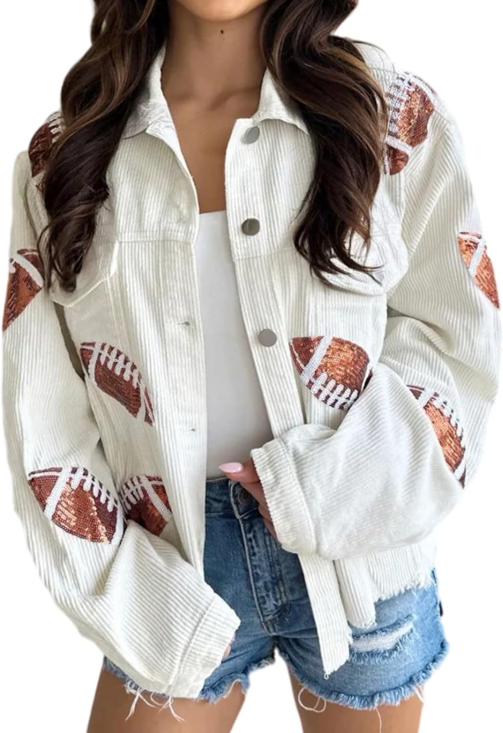 Football Sequin Embroidery Cropped Frayed Hem Jacket for Women