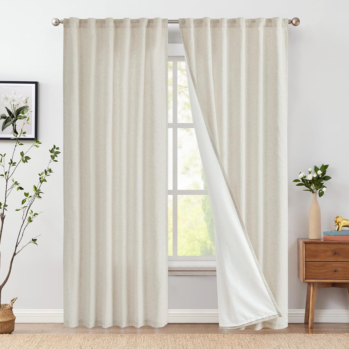 Linen Beige Curtains 84 Inches Long for Living Room Decor
