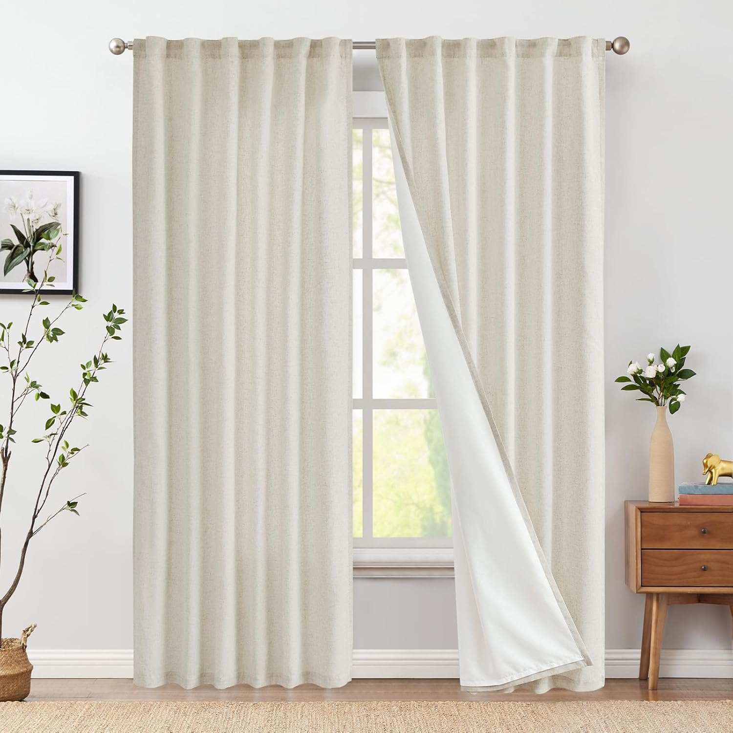 Linen Beige Curtains 84 Inches Long for Living Room Decor