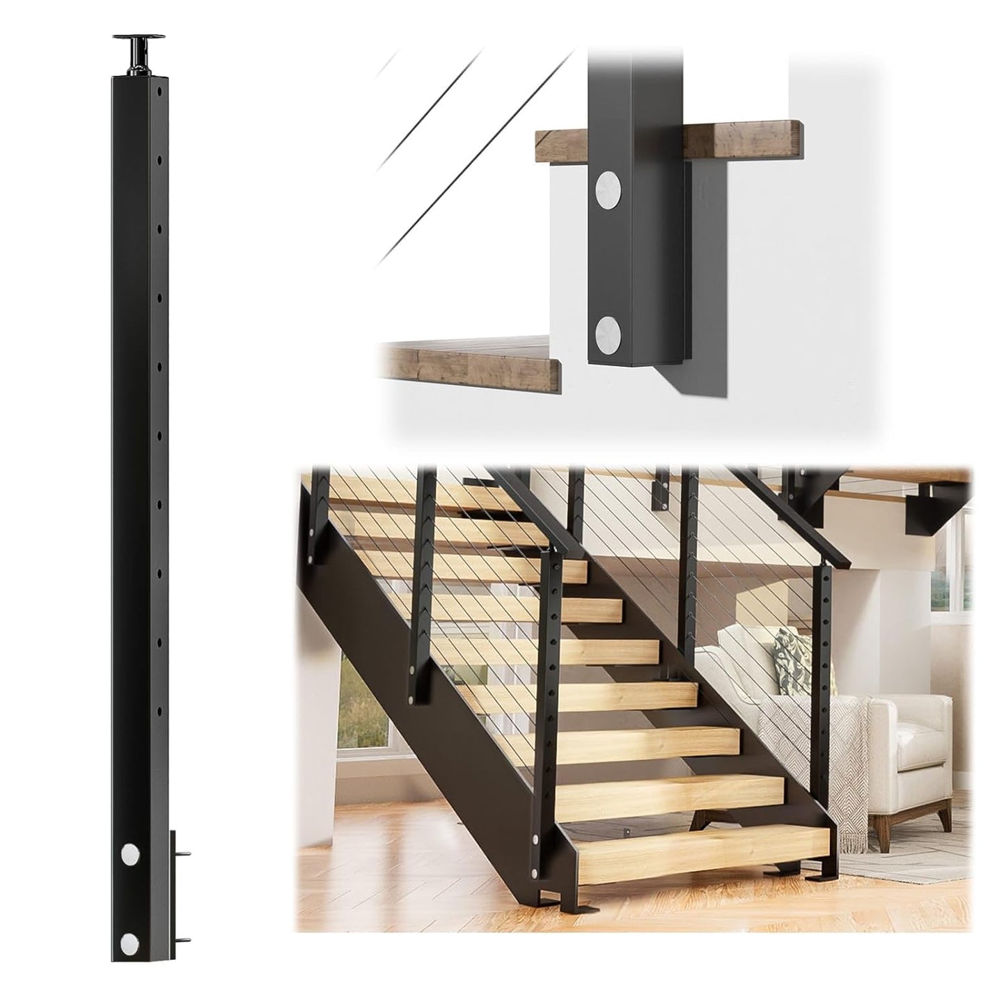 Muzata Black Side Mount Stair Cable Railing Post for Stairs