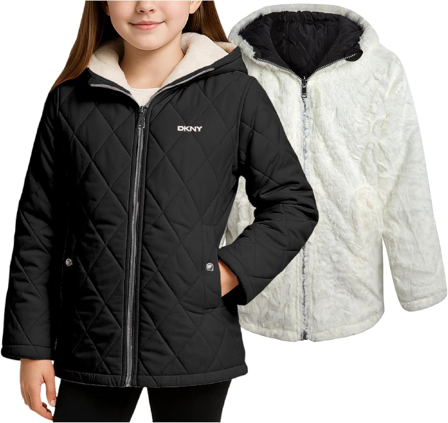 DKNY Reversible Girls Winter Coat - Cozy Quilted Puffer Jacket