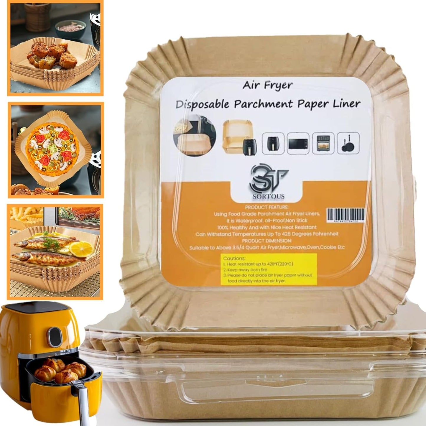 Non-Stick Air Fryer Liners - 120 Pcs 8 Square Parchment Paper - Oil-Proof for Baking, Roasting, Grilling by SORTOUS
