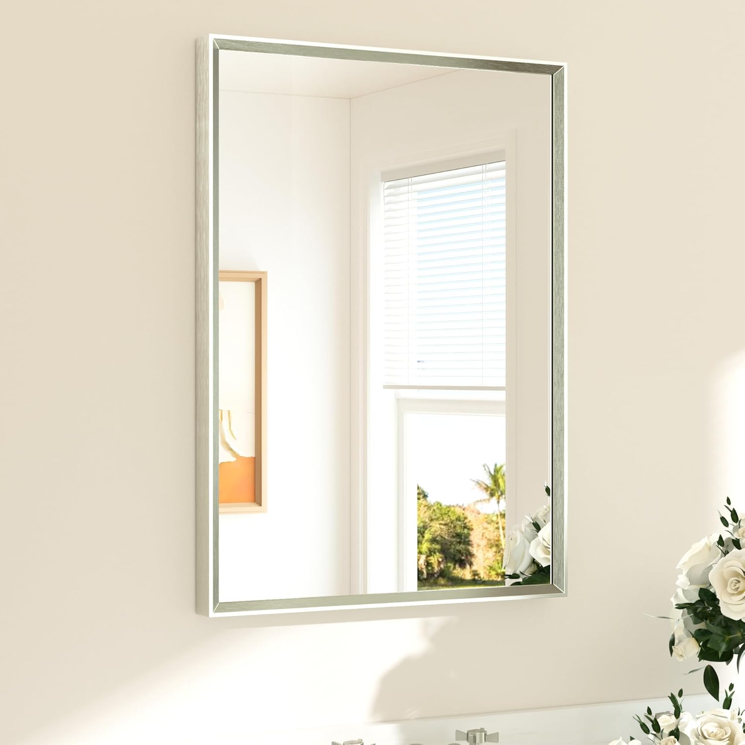 Brushed Nickel Bathroom Mirror 22x30 with Beveled Frame Design