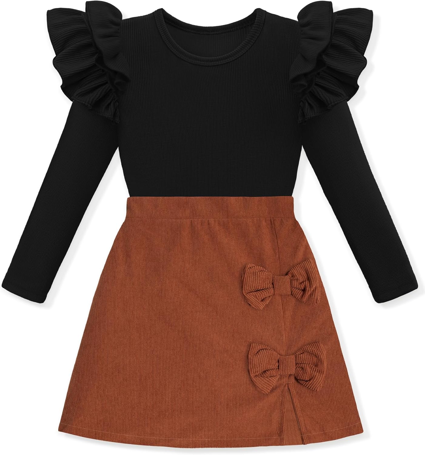 Girls Clothes Long Sleeve Ruffle Sleeve Top and Plaid Skirt Set