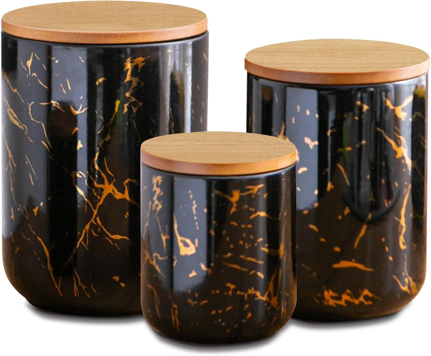 Black Ceramic Canister Set with Wooden Lid for Kitchen Storage