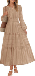Stylish Long Sleeve Casual V Neck Tiered Cotton Midi Maxi Dress