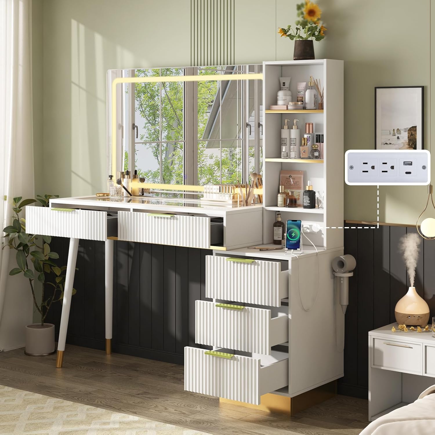 AMERLIFE 48 Lighted Vanity Desk - Modern Makeup Table with Spacious Storage