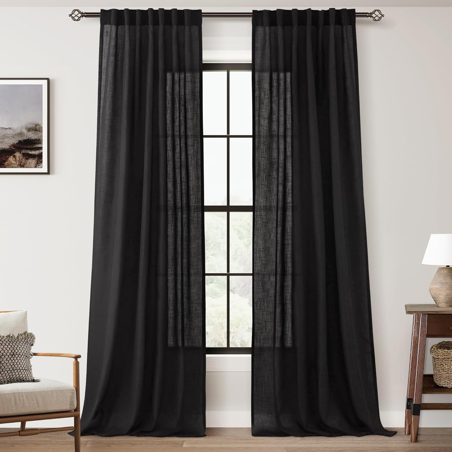 Black Linen Curtains 90 inches Long for Bedroom and Living Room