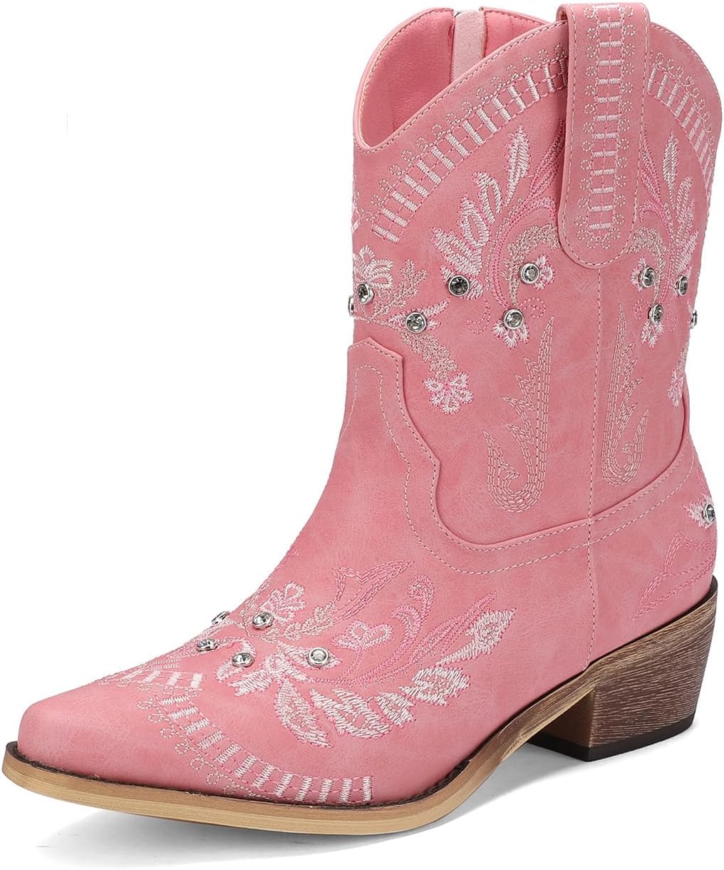 Rhinestone Ankle Cowboy Boots for Women with Chunky Heels