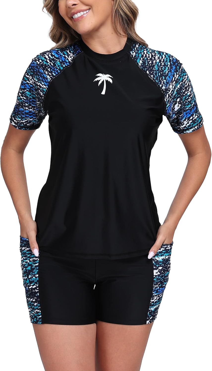 Halcurt Women's Two Piece Rash Guard Swim Set with Boyshorts