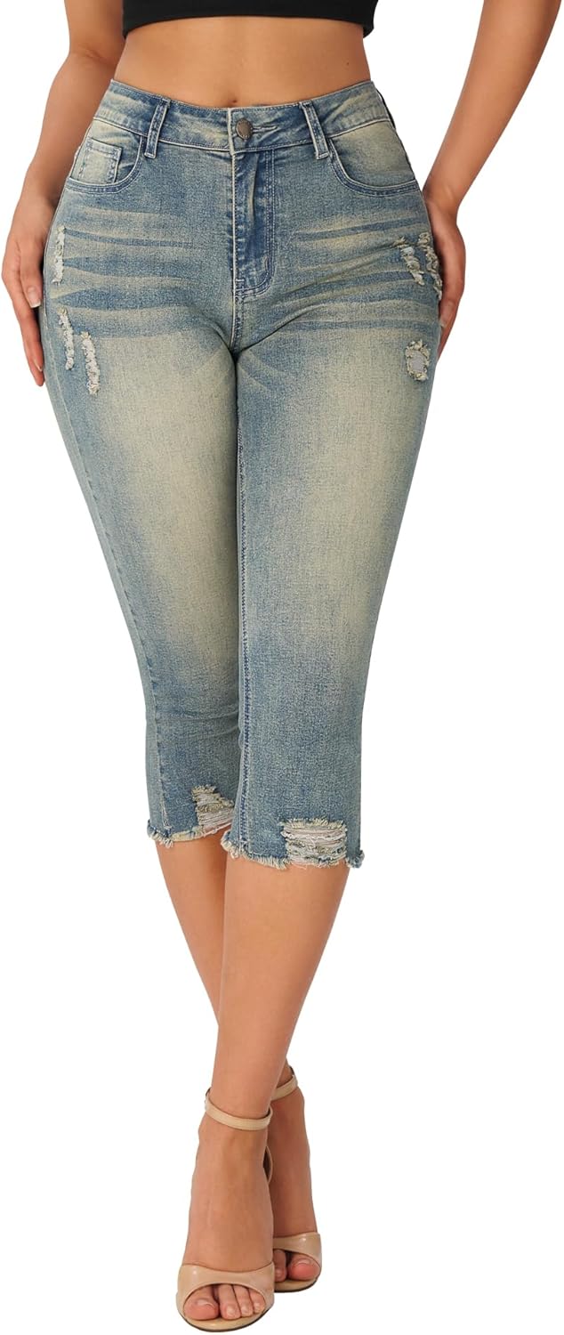 Roswear Women's Capri Pants Mid Rise Skinny Ripped Distressed Jeans