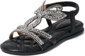 Women's Rhinestone T-Strap Sandals with Bohemian Beads - Flat Comfort