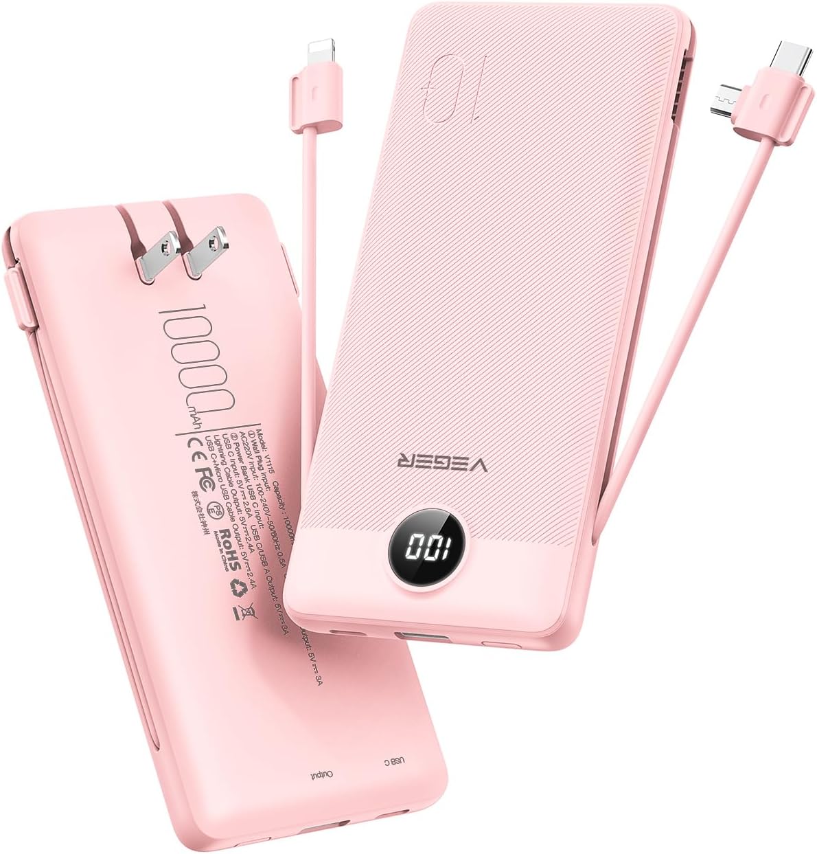 VEGER 10000mAh Slim Fast Charger w/ Built-in Cables - Travel Essential