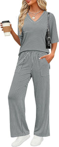 Women's 2 Piece Lounge Pajama Set - Soft 3/4 Sleeve V-Neck Top