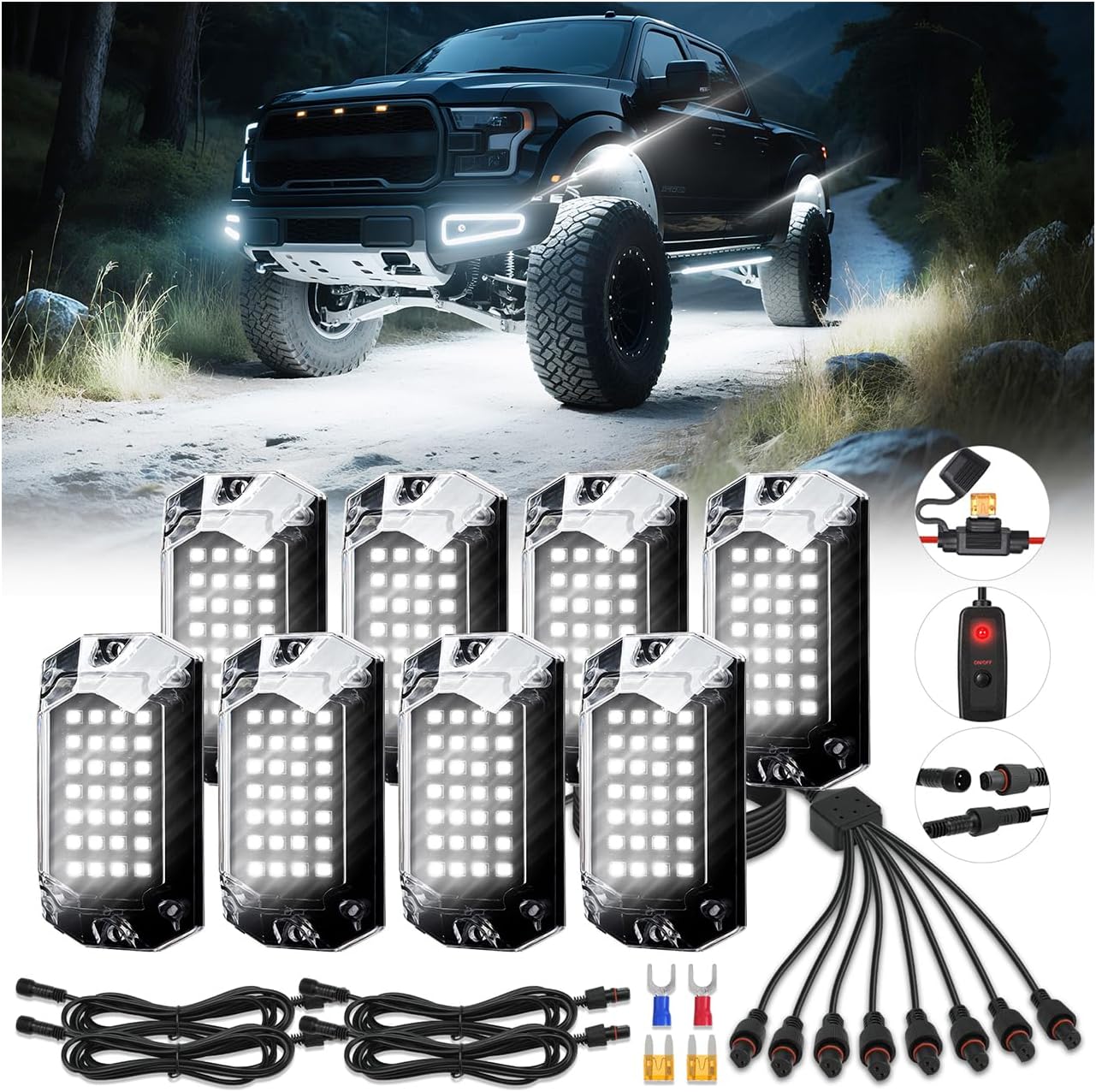 8Pods Pure White LED Rock Lights Kit for Trucks and Off Road