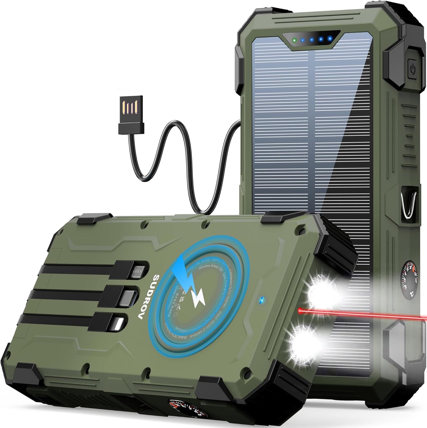 Solar Power Bank 42,800mAh with Fast Charging and Built-in Cables