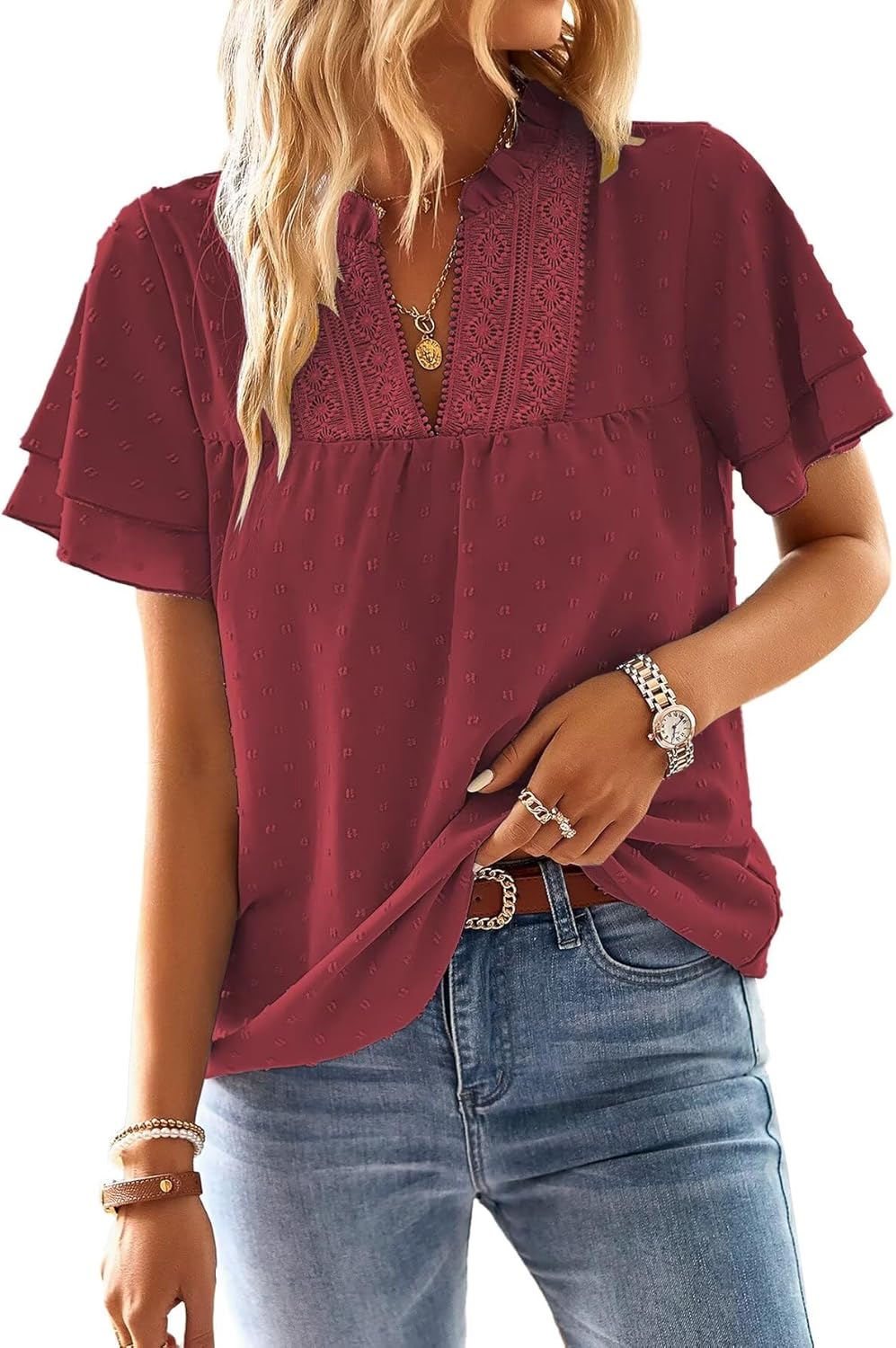Womens Tops Butterfly Sleeve V Neck Blouses for Dressy Casual Wear