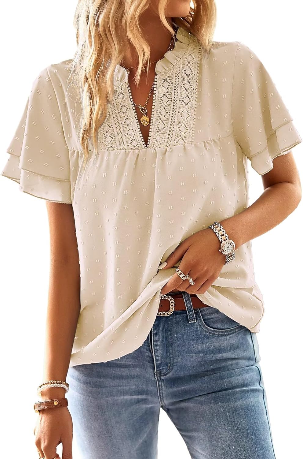 Womens Tops Butterfly Sleeve V Neck Blouses for Dressy Casual Wear