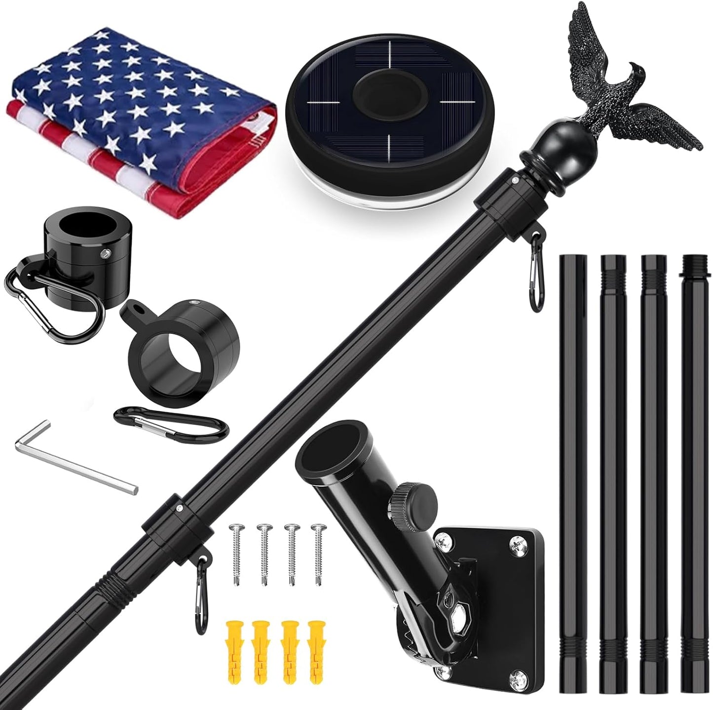 5FT Black Flag Pole Kit with Solar Light for Outdoor Use