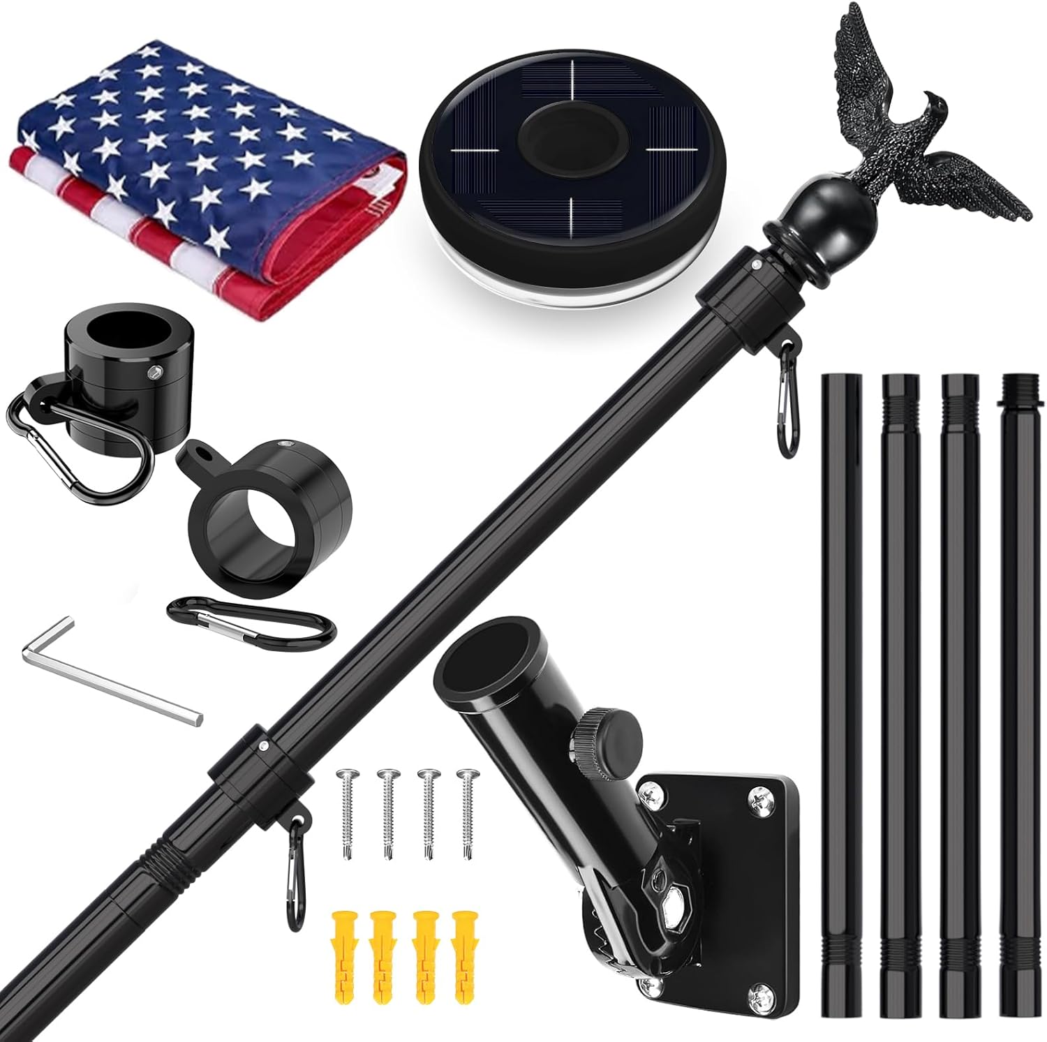 5FT Black Flag Pole Kit with Solar Light for Outdoor Use