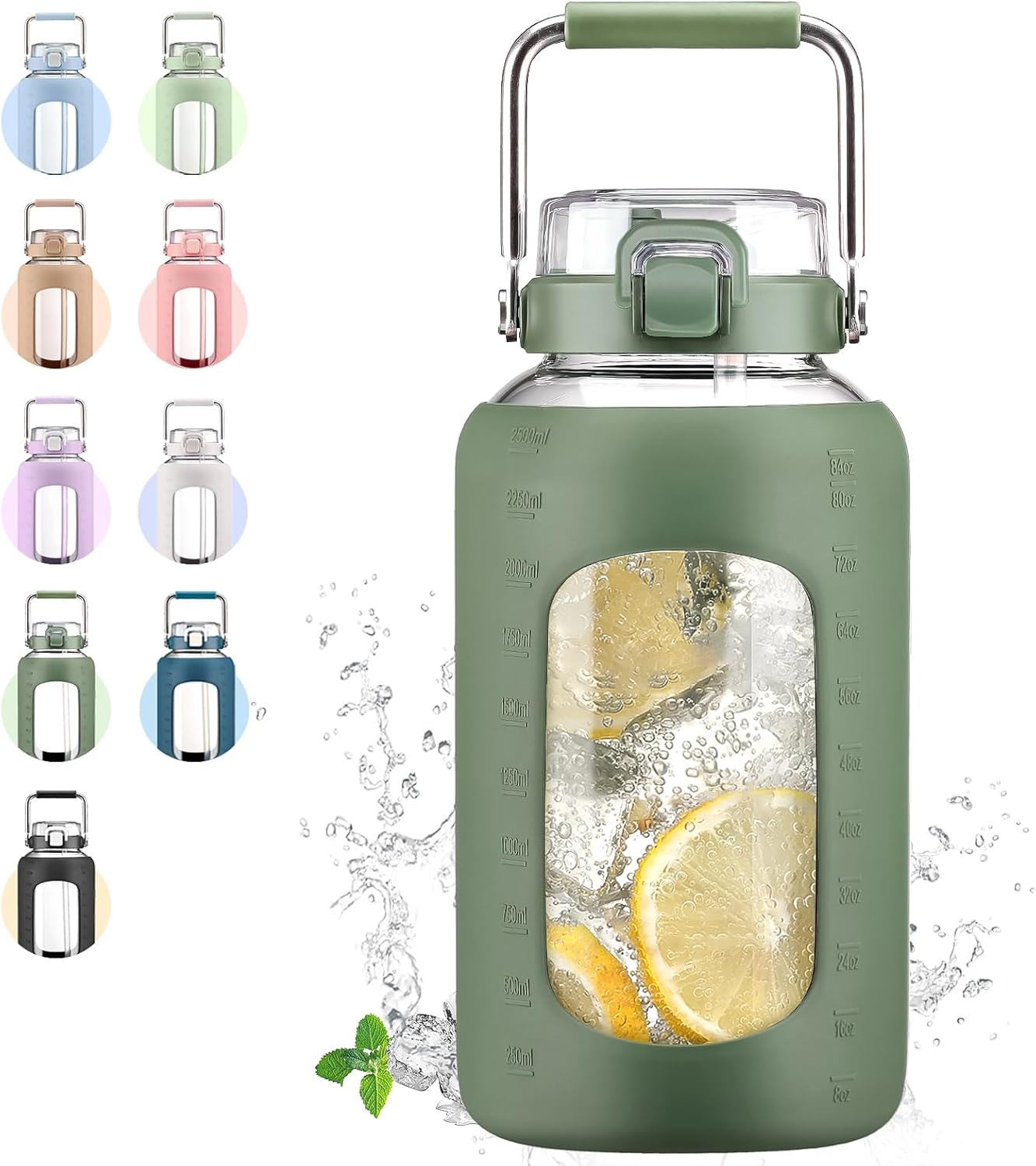 84oz Glass Water Bottle with Stainless Steel Handle for Gym