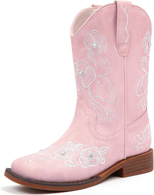 Girls Cowboy Boots with Floral Embroidery and Rhinestones