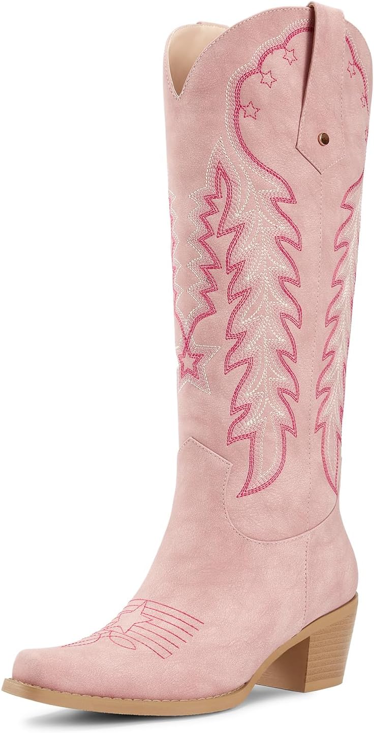 WETKISS Cowboy Boots for Women Knee High Retro Embroidered Style