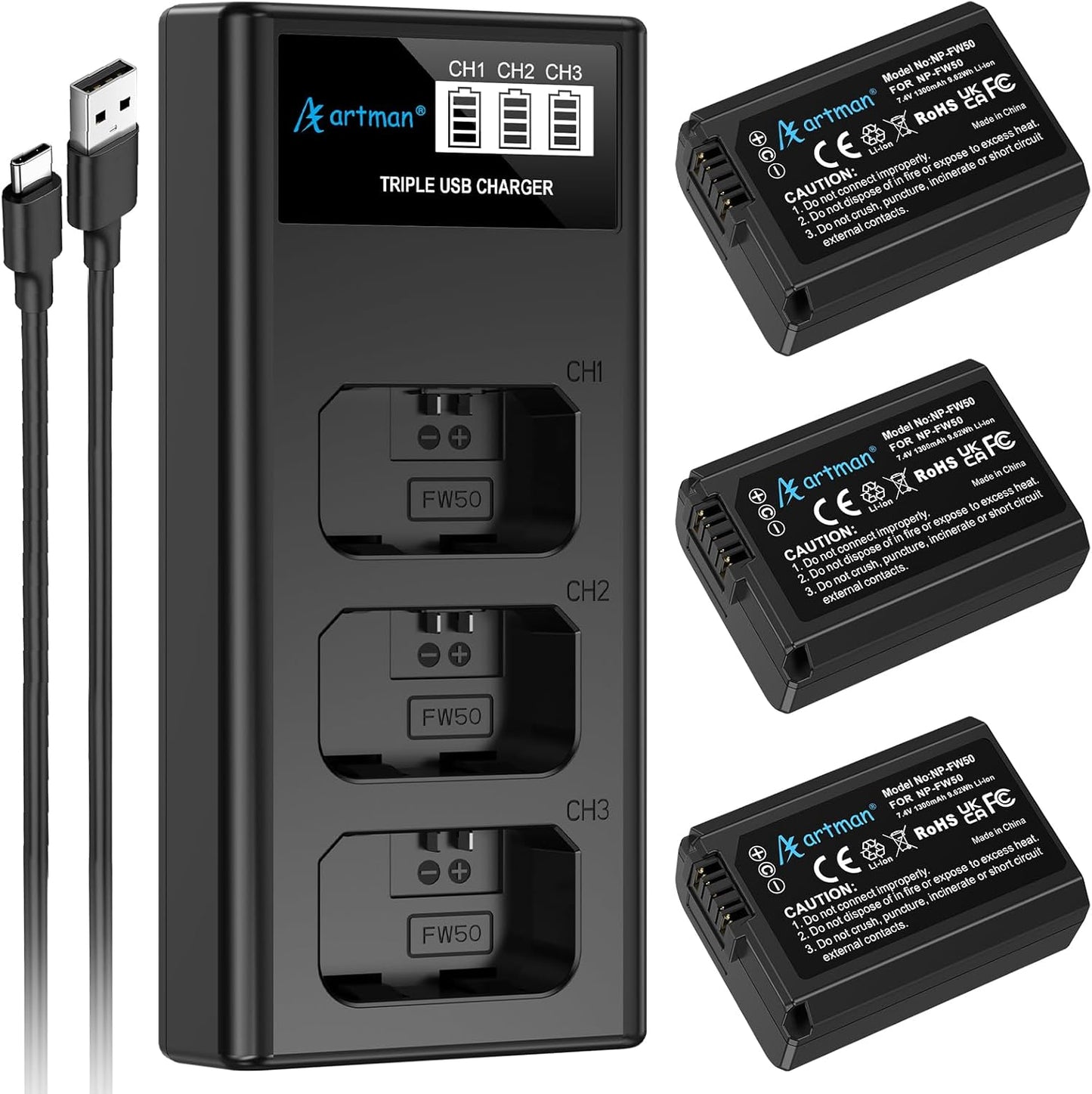 Artman NP-FW50 Battery 3-Pack with Upgraded 3-Slot Charger