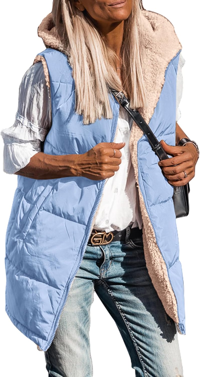 Reversible Long Vests for Women - Warm Sleeveless Fleece Jacket