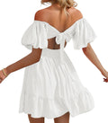 Womens Summer Tie Back Square Neck Lantern Sleeve Mini Dress