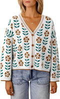 Floral Print V Neck Cardigan - Soft Knit Button Front
