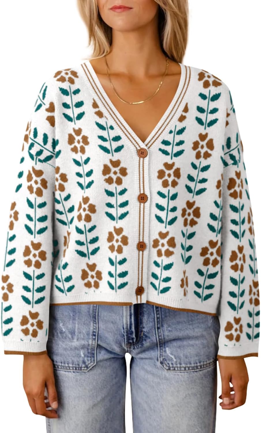 Stylish Floral Print V Neck Cardigan for Women - Cozy Knit Sweater