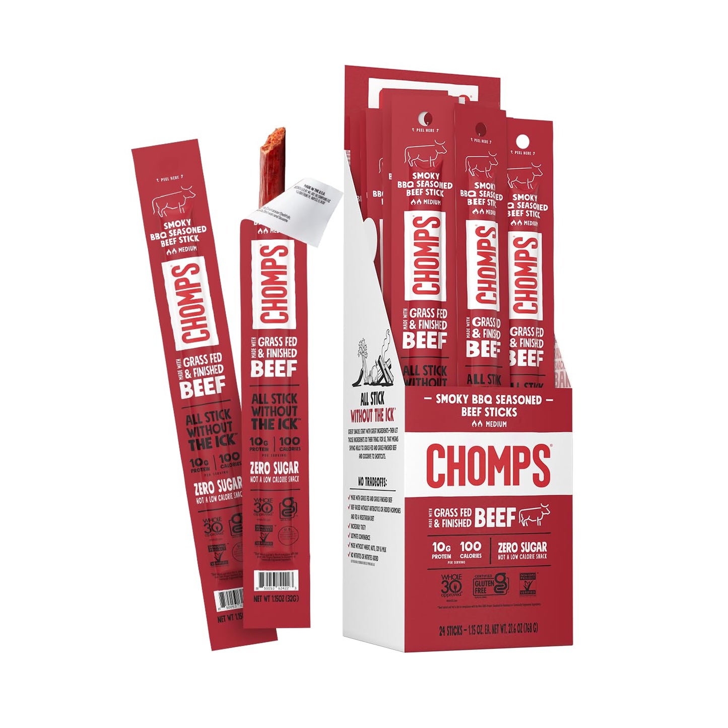 Chomps Grass-Fed Smoky BBQ Beef Jerky Snack Sticks 24-Pack