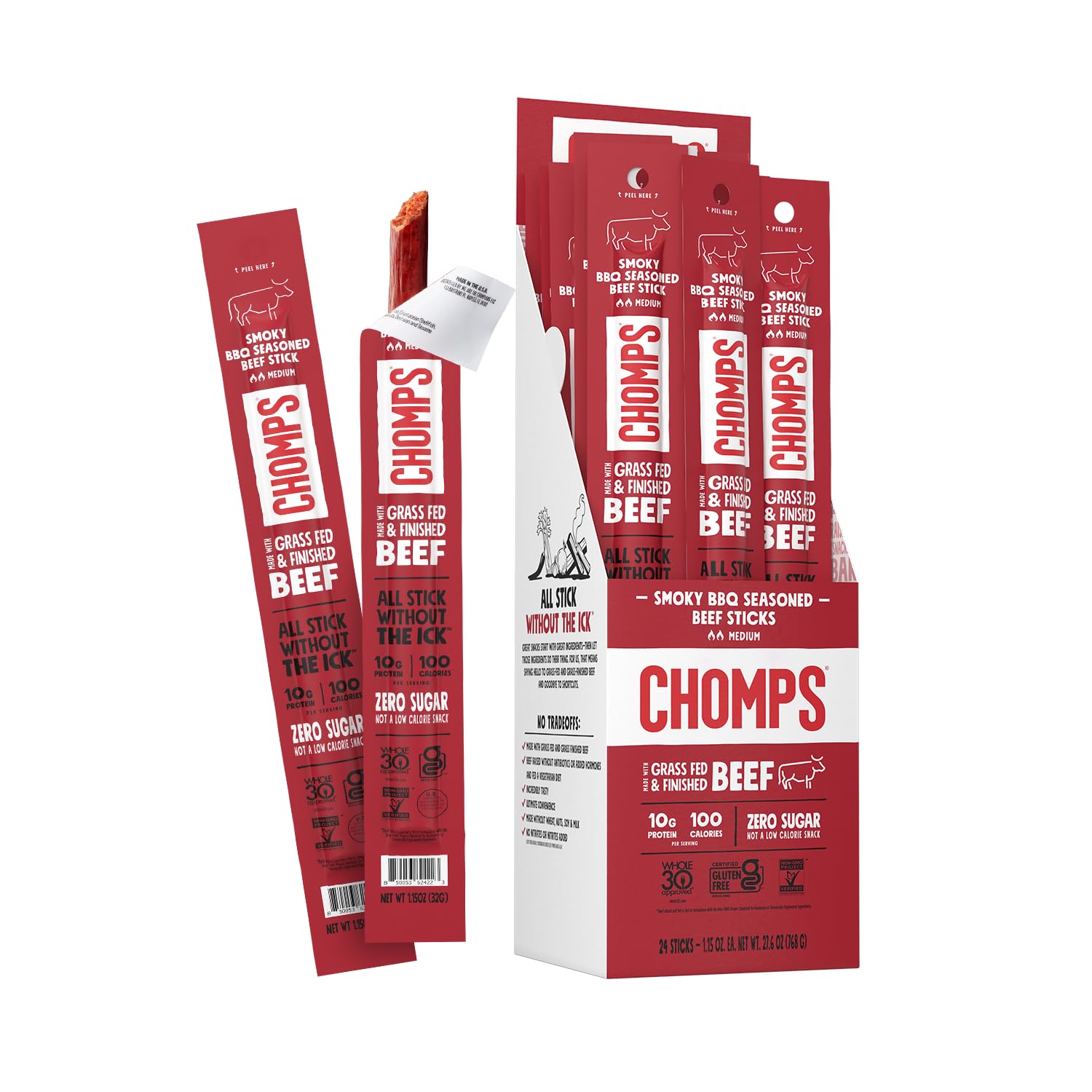 Chomps Grass-Fed Smoky BBQ Beef Jerky Snack Sticks 24-Pack