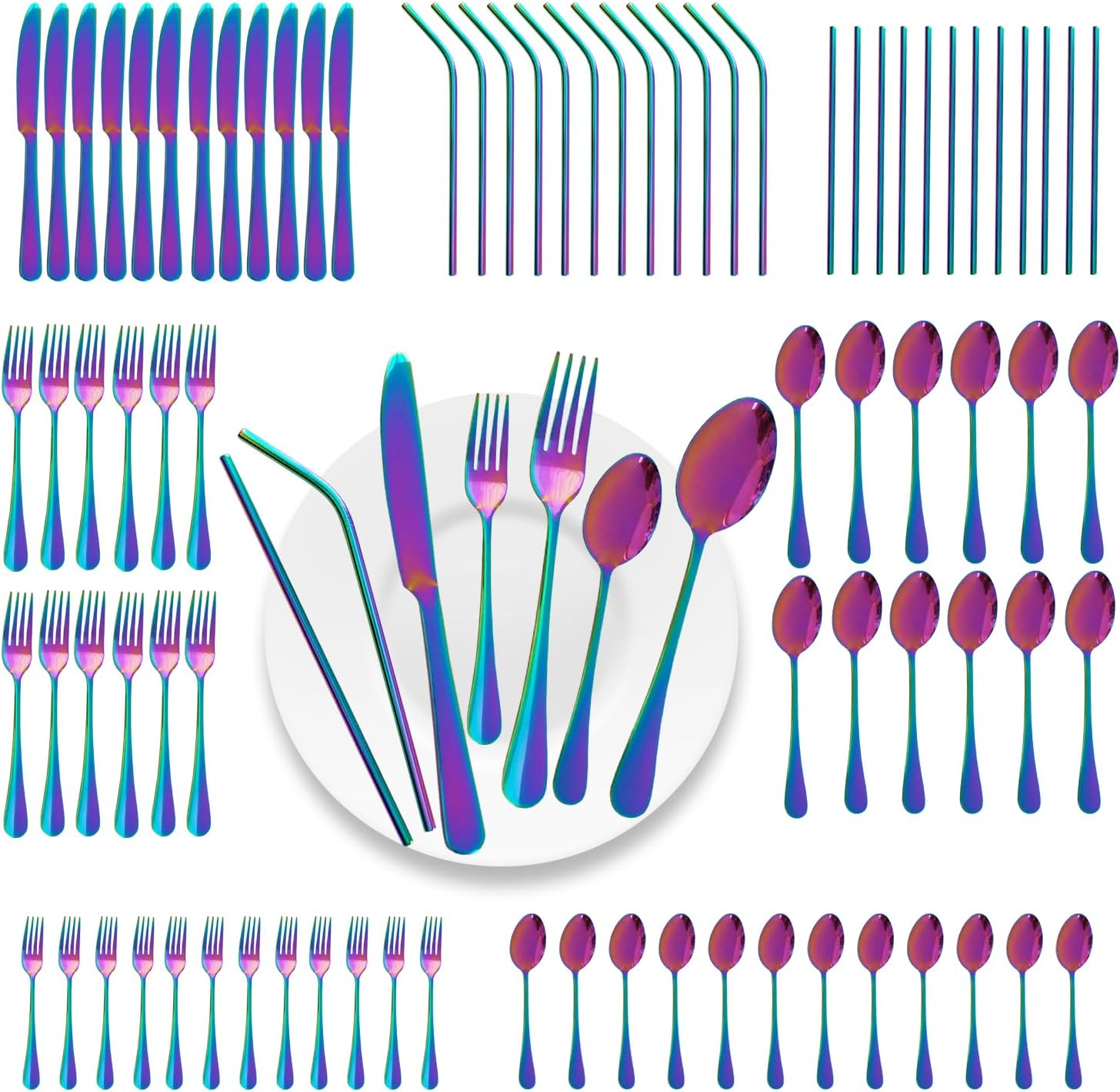 84 Pieces Mirror Rainbow Silverware Set for 12 Elegant Dining